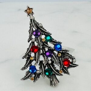 Vintage JJ Jonette Christmas Tree Brooch Pin with Colorful Gems and Star Topper